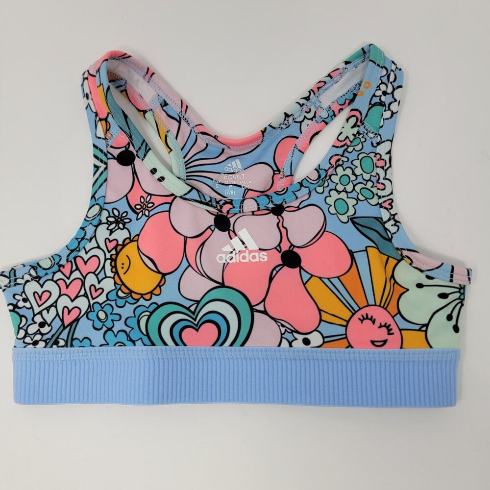 Adidas Sport Bra Girls Small 7/8 Floral Athletic Aeroready AOP Techfit Bra NEW